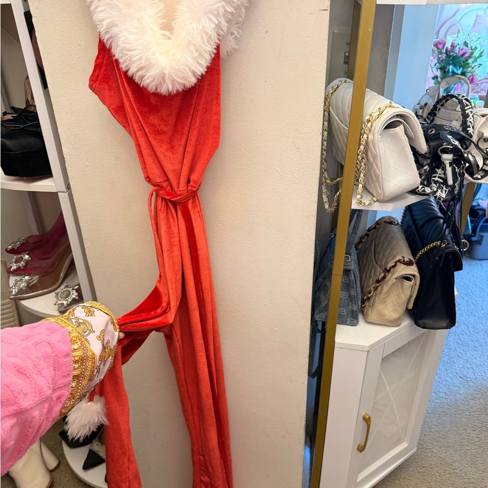 No Boundaries Red jumpsuit with White Fur Trim